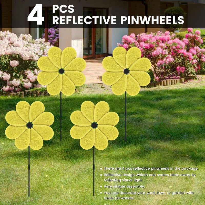 DECEED 4PCS 11.4" W x 28" H Reflective Pinwheels Sparkly Lawn Wind Spinners Colorful Rainbow Windmill for Garden Decoration Bird Devices Deterrent to Scare Birds Away（Yellow） - Image 2